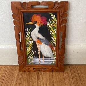 Vintage Mexican feather craft in hand carved wooden frame